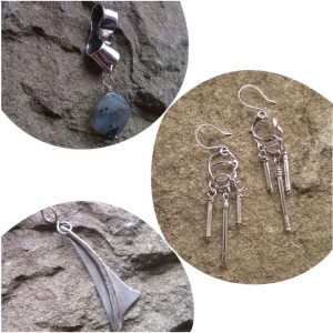 Clockwise from left: Labradorite Pendant; Dangle Earrings; Sail Pendant